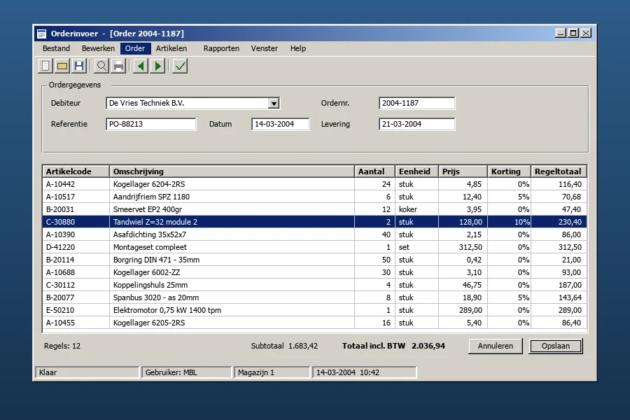 Orderinvoerscherm van een Delphi-applicatie in de vertrouwde Windows 2000-stijl